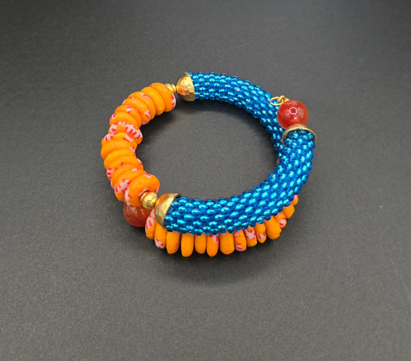 Beaded Crochet Bangle - Krobo Combo - Aqua/Orange Multi