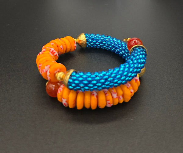 Beaded Crochet Bangle - Krobo Combo - Aqua/Orange Multi
