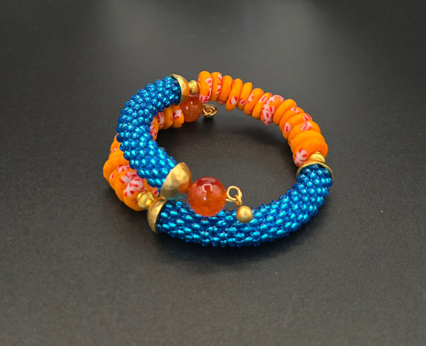 Beaded Crochet Bangle - Krobo Combo - Aqua/Orange Multi