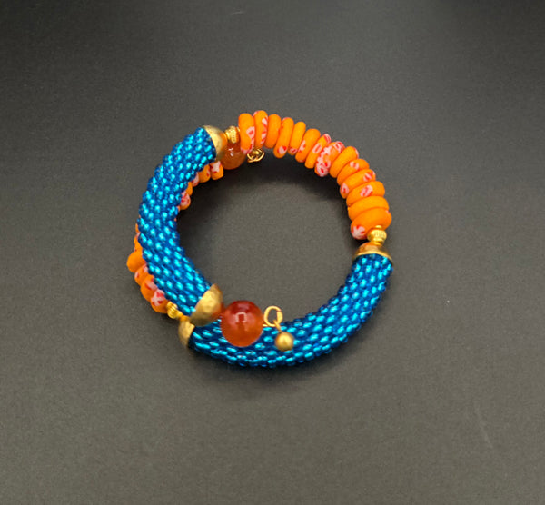Beaded Crochet Bangle - Krobo Combo - Aqua/Orange Multi