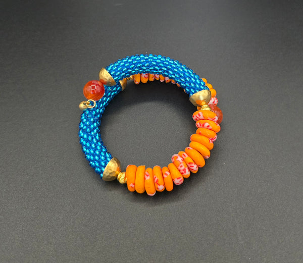 Beaded Crochet Bangle - Krobo Combo - Aqua/Orange Multi