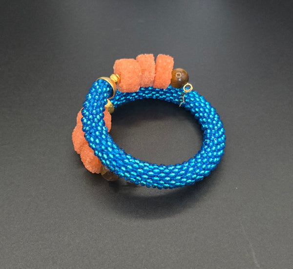 Beaded Crochet Bangle - Dk Aqua/Orange