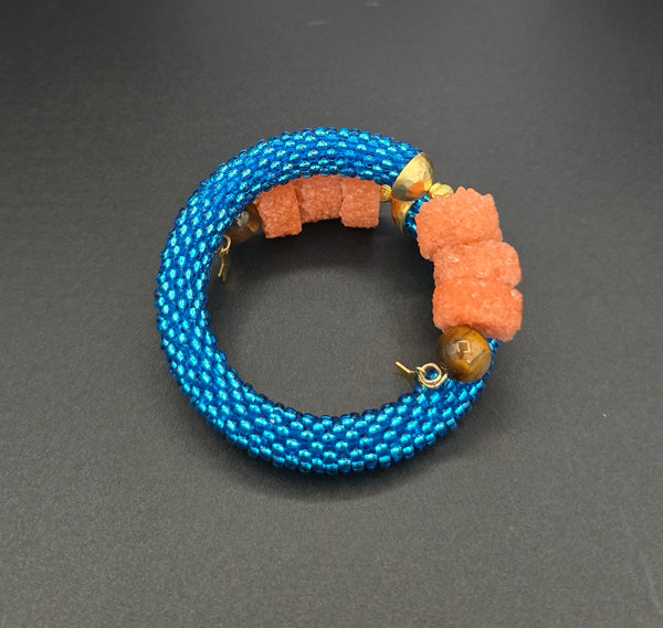 Beaded Crochet Bangle - Dk Aqua/Orange
