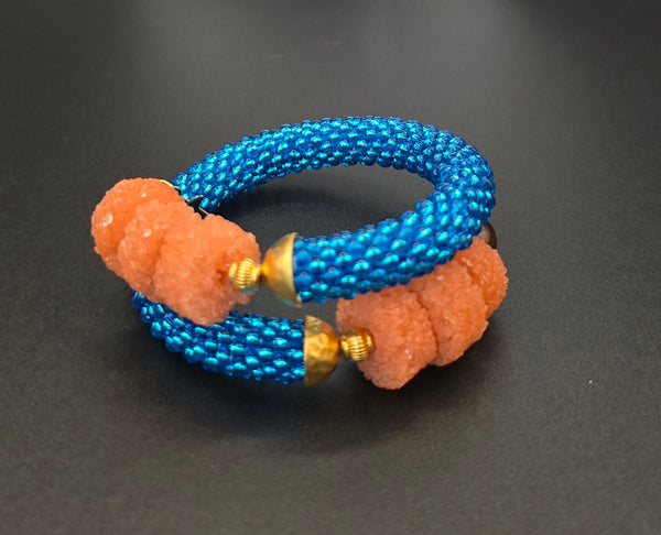 Beaded Crochet Bangle - Dk Aqua/Orange