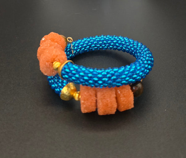 Beaded Crochet Bangle - Dk Aqua/Orange