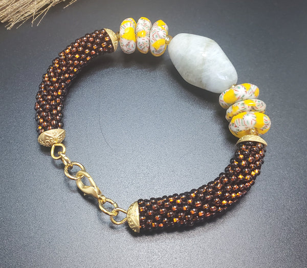 Brown-Yellow Multi Beaded Ctochet Bangle