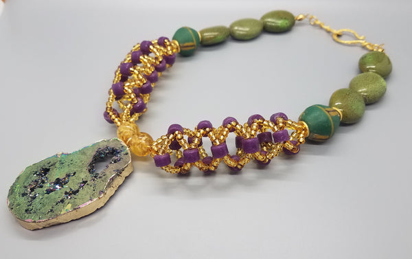 Green/Purple Gold Pltd Druzy, Purple, Green Krobo, Czech Seed, Venetian Glass, Ceramic, Necklace