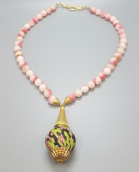 Green/Pink/Black Mult Krobo Beads, Pink Stone Beads, Brass, 22K Gold Plated Brass, Necklace