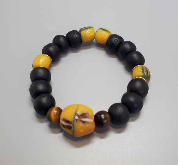 Black, Must. Krobo Beads, Tiger Eye, Brass, Unisex Stretch Bracelet