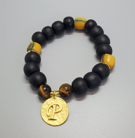 Black, Must. Krobo Beads, Tiger Eye, 22K Gold Plated Plated Brass "P" Charm, Brass, Unisex Stretch Bracelet
