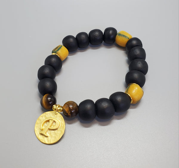 Black, Must. Krobo Beads, Tiger Eye, 22K Gold Plated Plated Brass "P" Charm, Brass, Unisex Stretch Bracelet