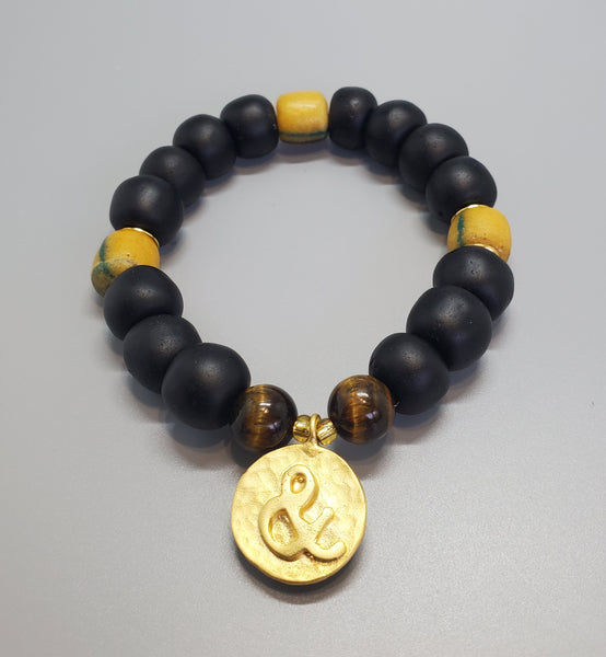 Black, Must. Krobo Beads, Tiger Eye, 22K Gold Plated Plated Brass "&" Charm, Brass, Unisex Stretch Bracelet