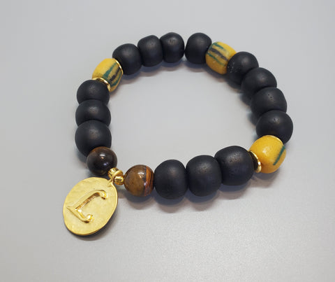 Black, Must. Krobo Beads, Tiger Eye, 22K Gold Plated Plated Brass "L" Charm, Brass, Unisex Stretch Bracelet