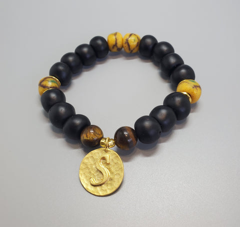 Black, Must. Krobo Beads, Tiger Eye, 22K Gold Plated Plated Brass "S" Charm, Brass, Unisex Stretch Bracelet