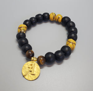 Black, Must. Krobo Beads, Tiger Eye, 22K Gold Plated Plated Brass "A" Charm, Brass, Unisex Stretch Bracelet