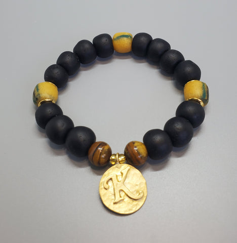 Black, Must. Krobo Beads, Tiger Eye, 22K Gold Plated Plated Brass "K" Charm, Brass, Unisex Stretch Bracelet