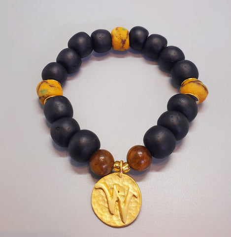 Black, Must. Krobo Beads, Tiger Eye, 22K Gold Plated Plated Brass "W" Charm, Brass, Unisex Stretch Bracelet