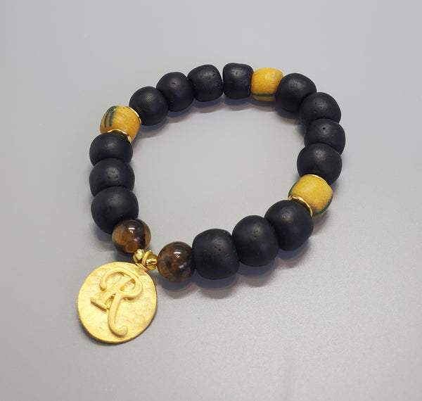 Black, Must. Krobo Beads, Tiger Eye, 22K Gold Plated Plated Brass "R" Charm, Brass, Unisex Stretch Bracelet