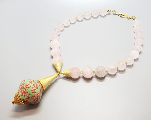 Green, Pink Multi Krobo Bead, Rose Quartz Beads, Czech Seed Beads, 22K Gold Plated Brass, Brass Necklace