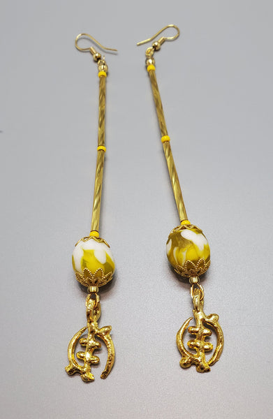 Yellow White Krobo Bead, Czech Beads, Brass "Gye Nyame" Earrings