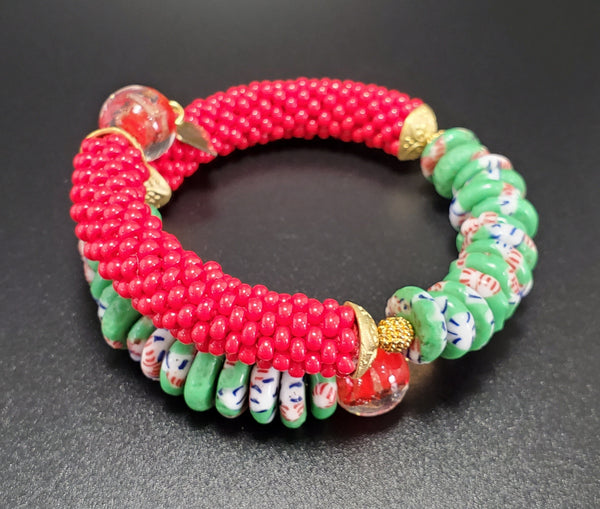 Green Red White Multi Krobo Beads, Red Czech Seed Beads, Red Lampwork, Brass, Beaded Crochet Bangle
