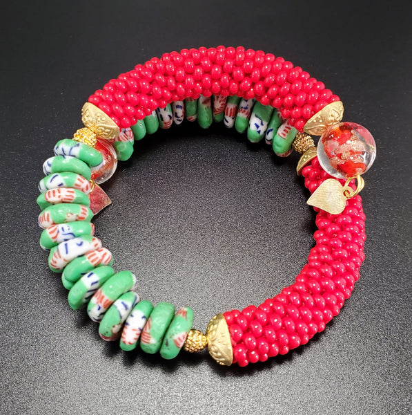 Green Red White Multi Krobo Beads, Red Czech Seed Beads, Red Lampwork, Brass, Beaded Crochet Bangle
