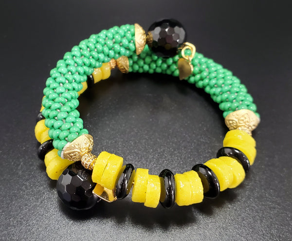 Yellow Krobo Beads, Czech Glass, Green Czech Seed Beads, Black Onyx, Brass, Beaded Crochet Bangle