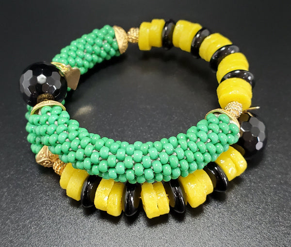 Yellow Krobo Beads, Czech Glass, Green Czech Seed Beads, Black Onyx, Brass, Beaded Crochet Bangle
