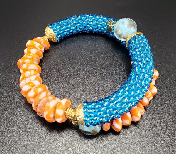 Orange/White Krobo Beads, Aqua Czech Seed Beads, Aqua Lampwork, Brass Beaded Crochet Bangle