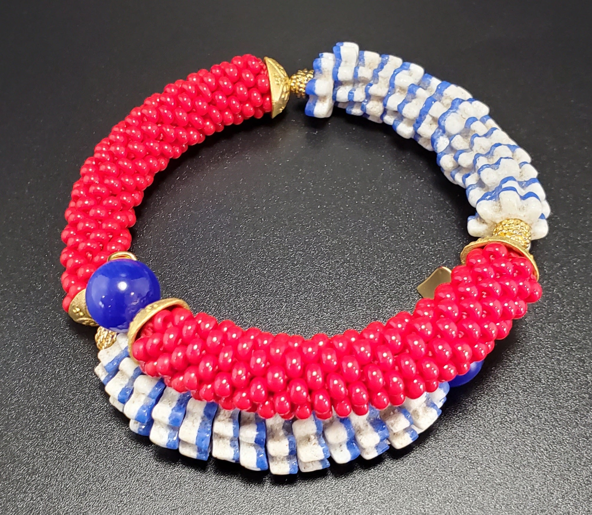 Blue White Multi Krobo Beads, Red Czech Seed Beads, Blue Cateye Beads, Brass, Beaded Crochet Bangle