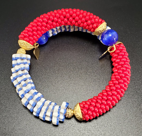 Blue White Multi Krobo Beads, Red Czech Seed Beads, Blue Cateye Beads, Brass, Beaded Crochet Bangle