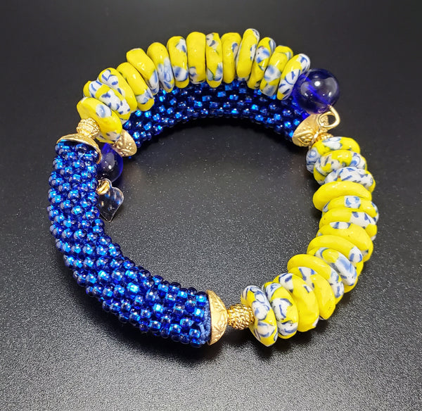 Yellow/Blue/White Krobo Beads, Czech Seed, Czech Glass, Brass, Beaded Crochet Bangle