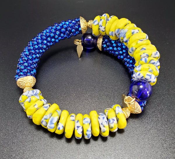 Yellow/Blue/White Krobo Beads, Czech Seed, Czech Glass, Brass, Beaded Crochet Bangle