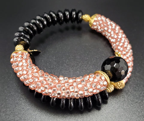 Black Onyx Beads, Black Disc Beads, Champagne Czech Seed Beads and Brass, Beaded Crochet Bangle