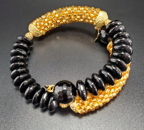 Black Onyx Beads, Black Disc Beads, Gold Czech Seed Beads and Brass, Beaded Crochet Bangle