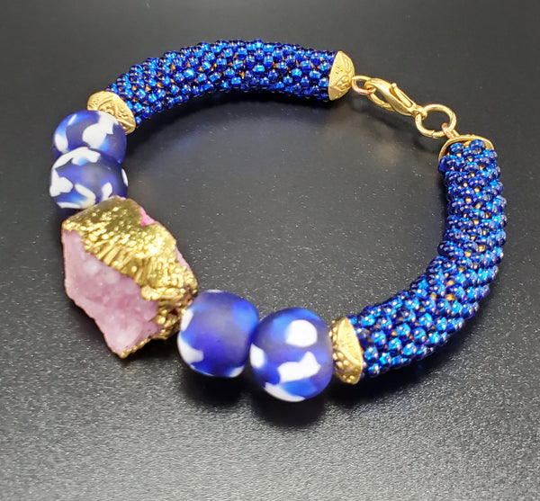 Blue/White Krobo Beads, Gold Plated Pink Druzy Agate, Czech Seed Beads, Brass, Crochet Bangle