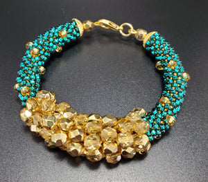Gold Czech Beads, Gold and Emerald Czech Seed Beads, Brass, Beaded Crochet Bangle