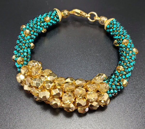 Gold Czech Beads, Gold and Emerald Czech Seed Beads, Brass, Beaded Crochet Bangle
