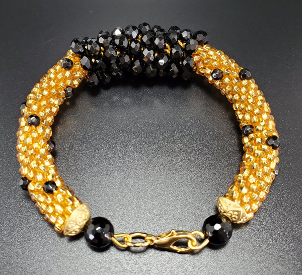 Black Crystal Beads, Black Onyx Beads, Gold Czech Seed Beads, Brass, Beaded Crochet Bangle