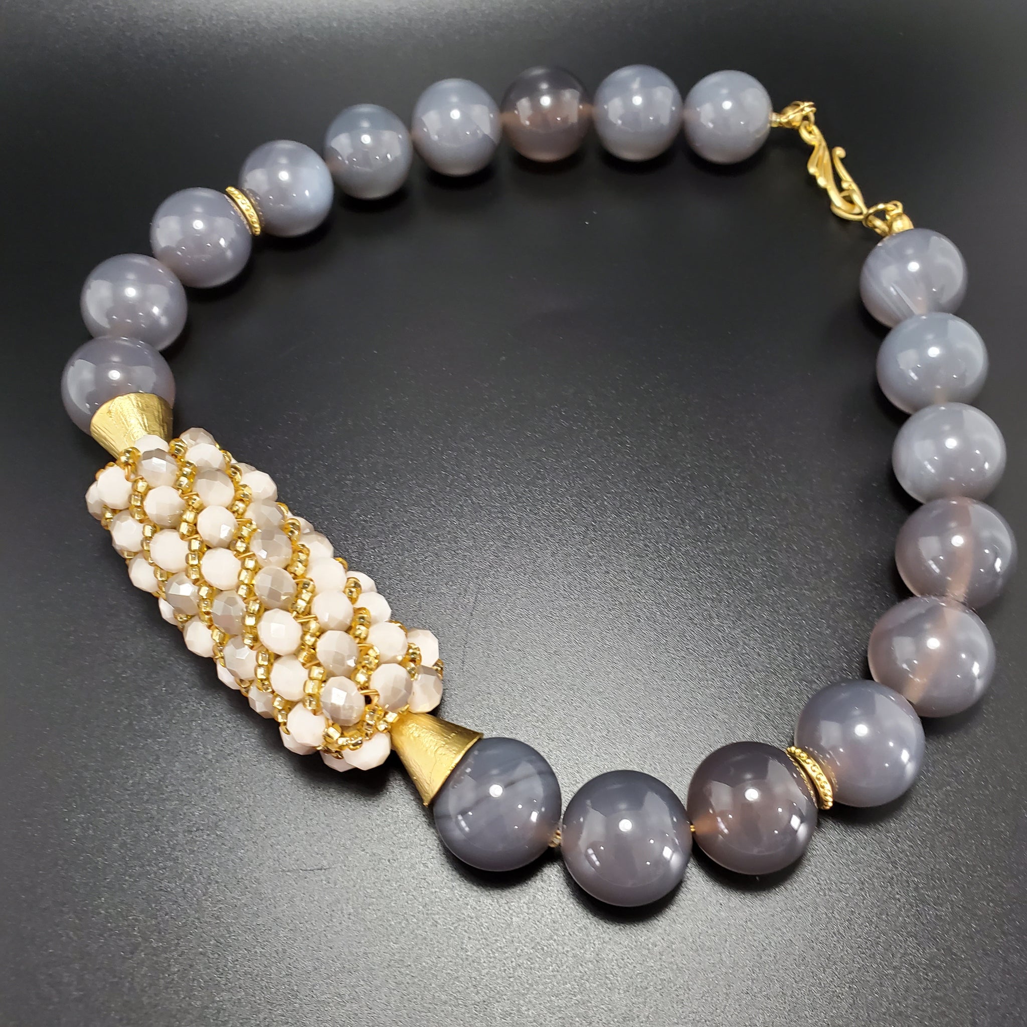 Grey Beige Glass Beads, Grey Agate Beads, 22K Gold Plated Brass, Topaz Czech Seed Beads, Woven Bar Necklace