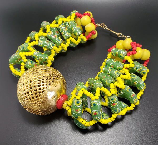 XL Gold Pltd Ashanti Brass, Green Multi, Yellow Krobo Beads, Japanese Seed, Brass, 3D Woven Necklace