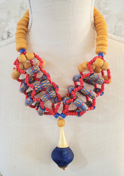 Blue Red Mustard Multi Krobo Beads, Brass, 3D Woven Necklace