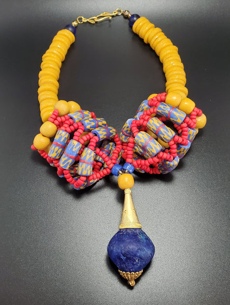 Blue Red Mustard Multi Krobo Beads, Brass, 3D Woven Necklace