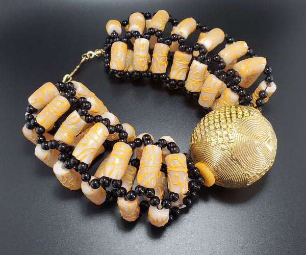XL Gold Pltd Ashanti Brass, Beige,Yellow Multi Krobo Beads, Black Onyx beads, woven Necklace