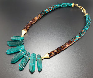 Emerald Quartz, Emerald, Brown Czech Seed Beads, 22K Gold Plated Brass, Beaded Crochet Necklace
