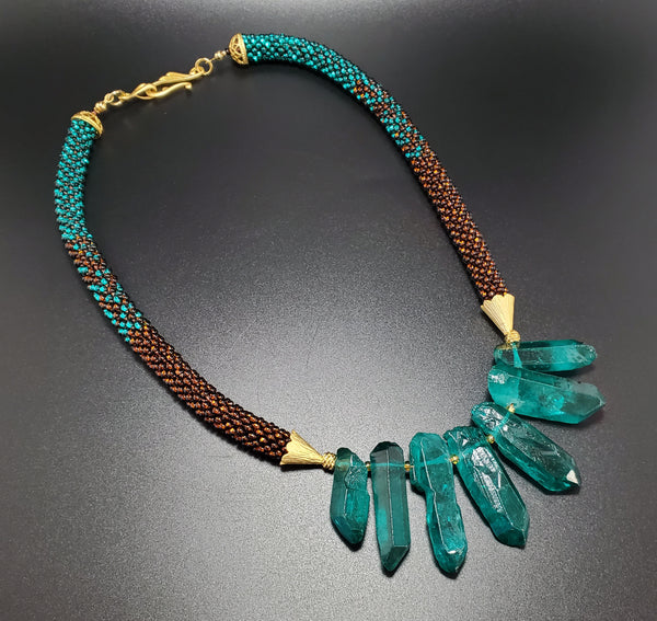 Emerald Quartz, Emerald, Brown Czech Seed Beads, 22K Gold Plated Brass, Beaded Crochet Necklace