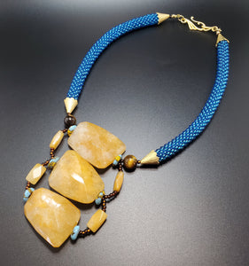 Yellow Jade, Aqua Multi Krobo Beads, Aqua, Brown Czech Seed Beads, Brass, Beaded Crochet Necklace