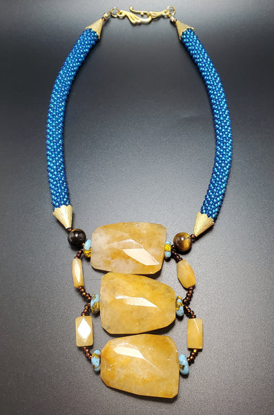 Yellow Jade, Aqua Multi Krobo Beads, Aqua, Brown Czech Seed Beads, Brass, Beaded Crochet Necklace