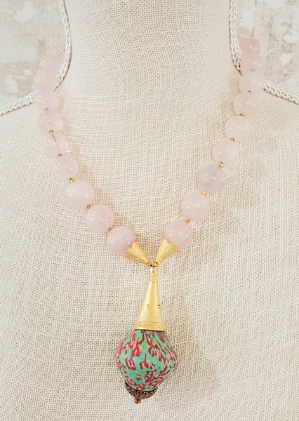 Green, Pink Multi Krobo Bead, Rose Quartz Beads, Czech Seed Beads, 22K Gold Plated Brass, Brass Necklace
