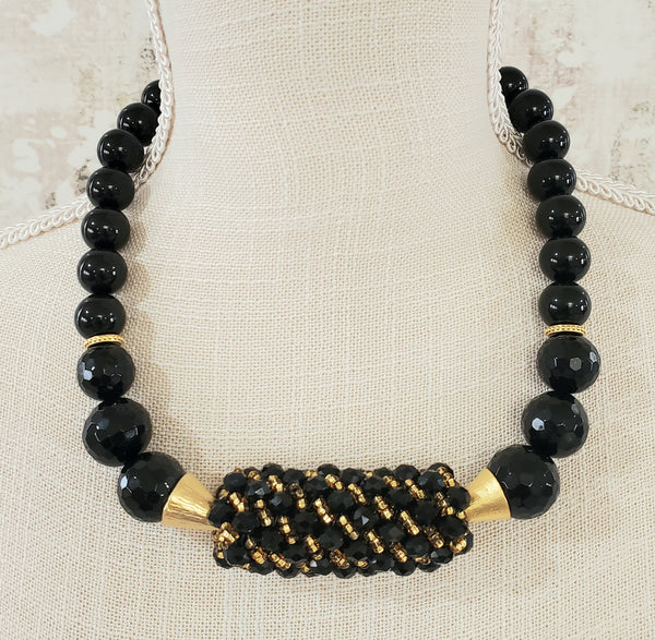 Black Onyx Beads, Faceted Glass Beads, 22K Gold Plated Brass, Topaz Czech Seed Beads, Woven Bar Necklace